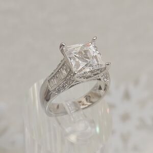 Sterling Silver Emerald Cut Cubic Zirconia Platinum Plated Euro Ring Size 5 US